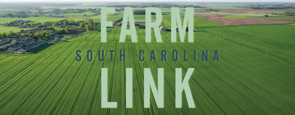 Ariel image of a green field with the South Carolina Farm Link logo in the center